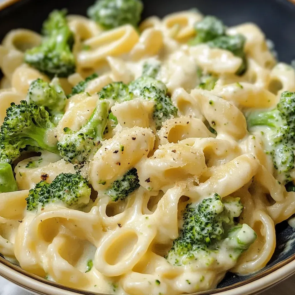 A bowl of pasta with broccoli.