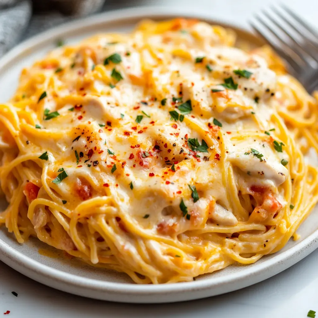 A plate of food with pasta and chicken.