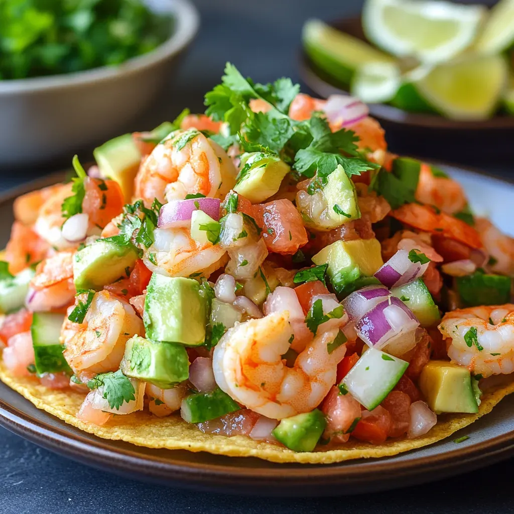 A plate of shrimp with avocado and lime.