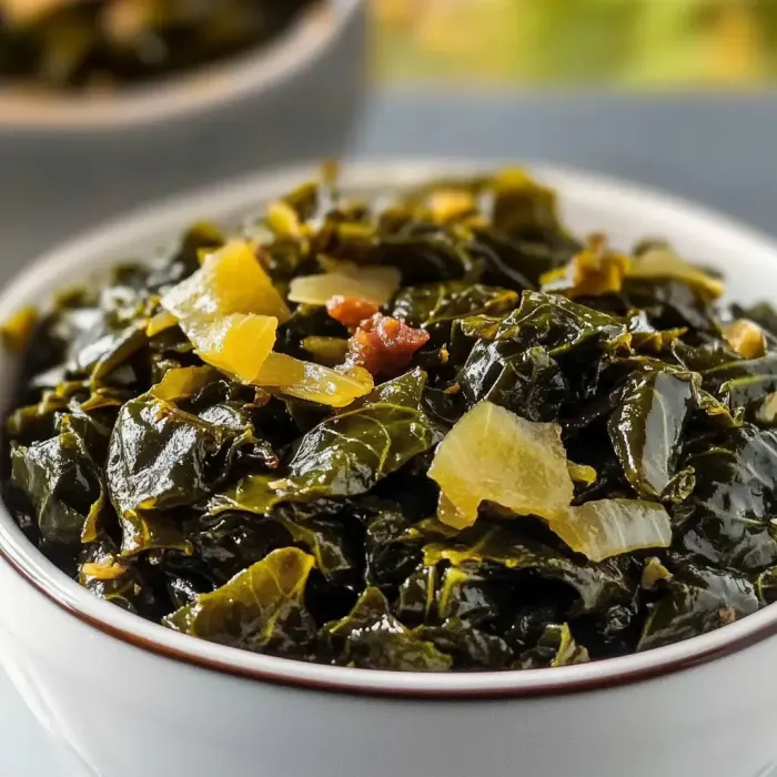 A bowl of greens with onions.